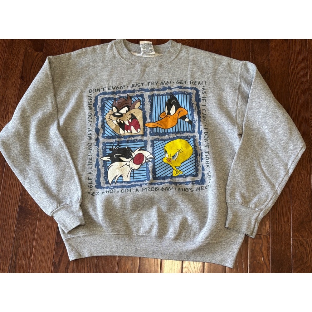 Vintage 90s Looney Tunes Sweatshirt Mens L Gray Taz Tweety Sylvester Daffy